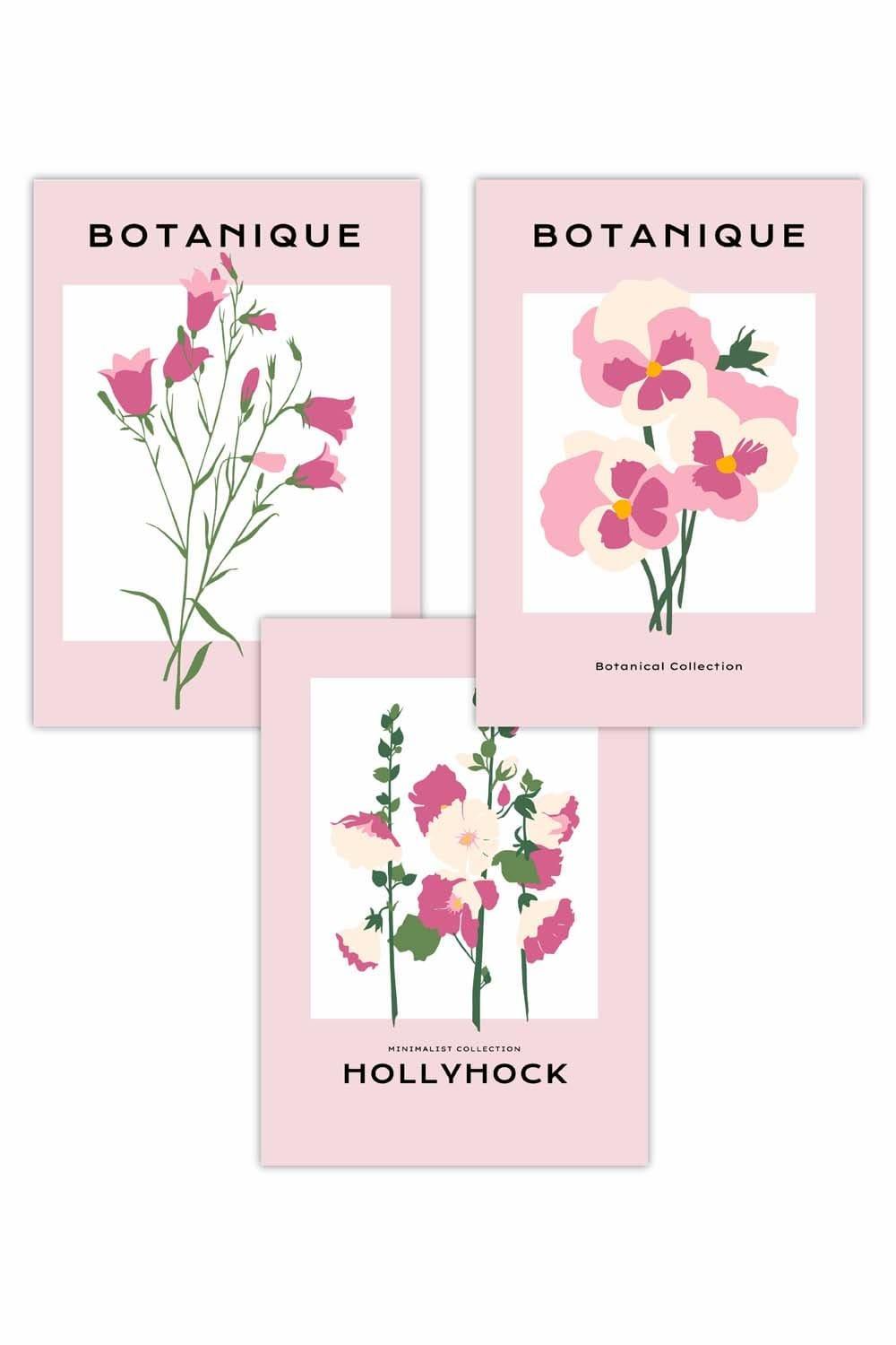 Set of 3 Vintage Graphical Pink Hollyhock Flower Market Art Posters